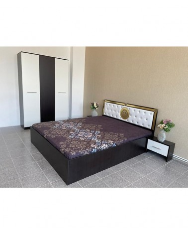 Set dormitor FLORENCE, Wenge/Alb/Auriu, PAL, pat tapitat, sifonier 3 usi, 2 noptiere