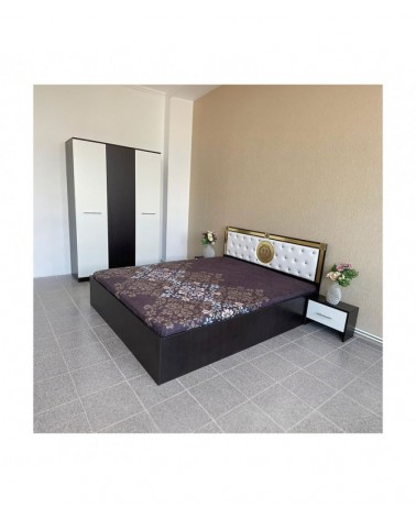 Set dormitor FLORENCE, Wenge/Alb/Auriu, PAL, pat tapitat, sifonier 3 usi, 2 noptiere