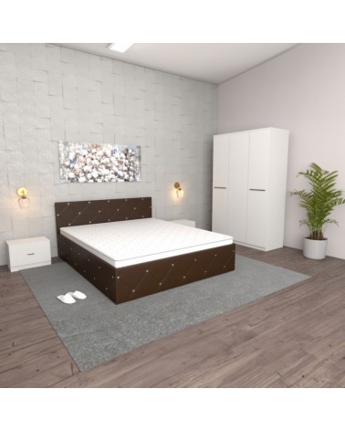 Set dormitor MILANO, Alb, PAL, pat tapitat wenge, sifonier 3 usi, 2 noptiere
