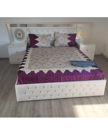 Set dormitor LION, Alb/Auriu, PAL, pat tapitat, sifonier, 2 noptiere, comoda