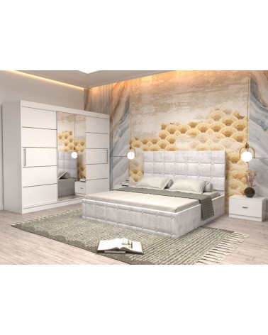 Set Dormitor King Alb, 4 Piese, Pat Complet Tapitat Alb 160 X 200, 2Noptiere, Dulap Cu Oglinda Alb 250cm lungime
