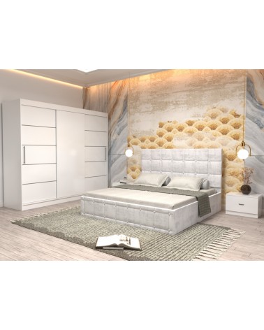 Set Dormitor King Alb, 4 Piese, Pat Complet Tapitat Alb 160 X 200, 2Noptiere, Dulap Fara Oglinda Alb 250cm lungime