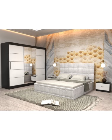Set Dormitor King Wenge/Alb, 4 Piese, Pat Complet Tapitat Alb 160 X 200, 2Noptiere, Dulap Cu Oglinda 250cm lungime