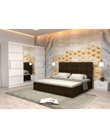 Set Dormitor King Maro/Alb, 4 Piese, Pat Complet Tapitat Maro 160 X 200, 2Noptiere, Dulap Cu Oglinda 250cm lungime