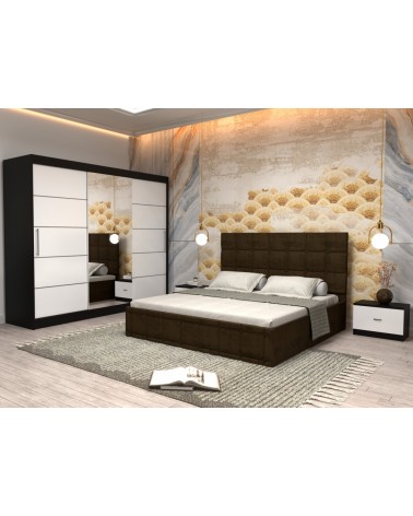 Set Dormitor King Wenge, 4 Piese, Pat Complet Tapitat Maro160 X 200, 2Noptiere, Dulap Cu Oglinda 250cm lungime