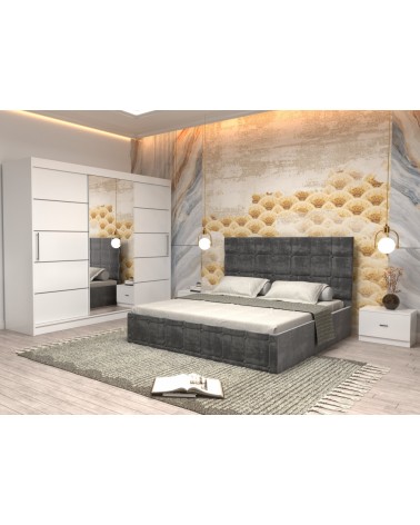 Set Dormitor King Alb/Gri, 4 Piese, Pat Complet Tapitat Gri 160 X 200, 2Noptiere, Dulap Cu Oglinda 250cm lungime