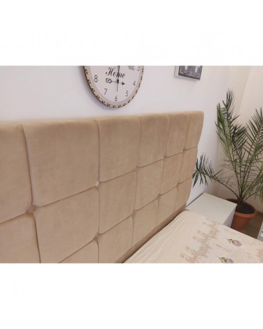 Set Dormitor Queen Alb/Bej, 4 Piese, Pat Complet Tapitat Bej160 X 200, 2Noptiere, Dulap Cu Oglinda 150cm lungime