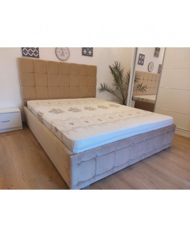 Set Dormitor Queen Alb/Bej, 4 Piese, Pat Complet Tapitat Bej160 X 200, 2Noptiere, Dulap Cu Oglinda 150cm lungime