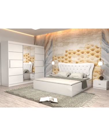 Set Dormitor Donny Alb, 4 Piese, Pat 160 X 200, 2Noptiere, Dulap Cu Oglinda Alb 250cm lungime