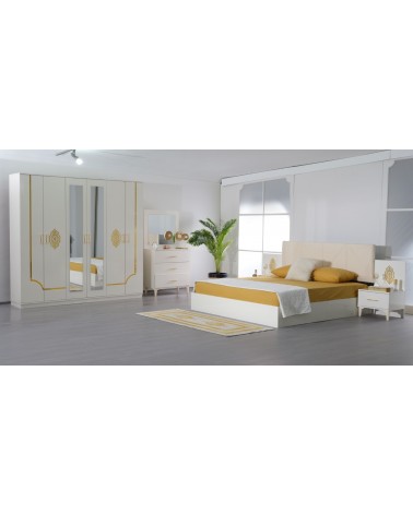 Set dormitor COD105, Alb/Auriu, PAL, pat, sifonier cu oglinda, 2 noptiere, comoda cu oglinda