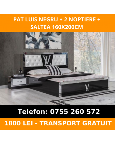 Set Pat Luis Negru/Argintiu cu 2 noptiere si saltea 160x200cm