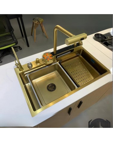Chiuveta Multifunctionala Bucatarie W2, Toate Accesoriile incluse, Doua Functii Cascada, Gold, 75x46 cm