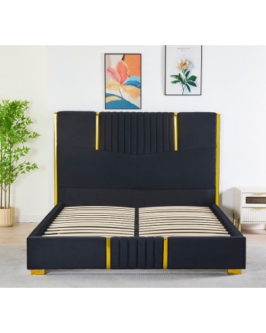 Pat LB-215 Complet Tapitat Catifea 160x200cm, cu iluminare LED integrata, modern, somiera si saltea inclusa