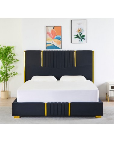 Pat LB-215 Complet Tapitat Catifea 160x200cm, cu iluminare LED integrata, modern, somiera si saltea inclusa