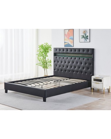 Pat COD FB-18 Complet Tapitat Catifea 160x200cm, cu iluminare LED integrata, modern, somiera si saltea inclusa