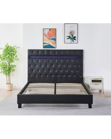 Pat COD FB-18 Complet Tapitat Catifea 160x200cm, cu iluminare LED integrata, modern, somiera si saltea inclusa