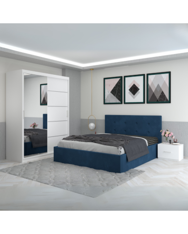Set Dormitor Filip, 4 Piese, Pat Complet Tapitat 160 X 200, 2Noptiere, Dulap Cu Oglinda 150cm lungime