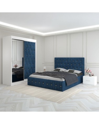 Set Dormitor Eric, 4 Piese, Pat Complet Tapitat 160 X 200, 2Noptiere, Dulap Usa Tapitata Cu Oglinda 150cm lungime