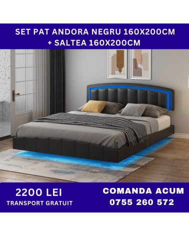 Set Pat Andorra Negru Cu Saltea 160x200cm 20cm grosime