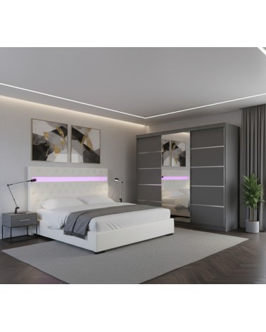 Set Dormitor Porto, pat tapitat Alb cu Led 160x200cm, dulap gri 250cm lungime si saltea 160x200cm inclusa