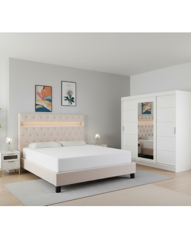 Set Dormitor Porto, pat tapitat Crem cu Led 160x200cm, dulap Alb 250cm lungime si saltea 160x200cm inclusa