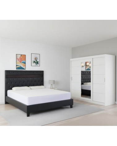 Set Dormitor Porto, pat tapitat Negru cu Led 160x200cm, dulap Alb 250cm lungime si saltea 160x200cm inclusa