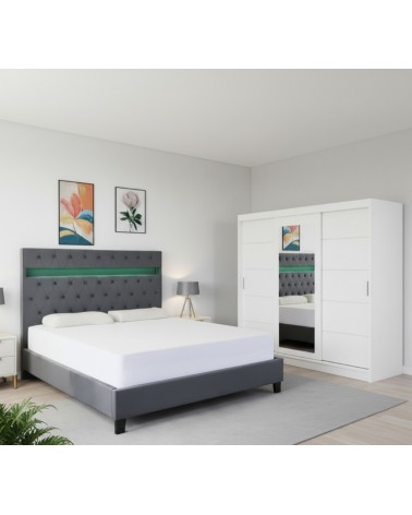 Set Dormitor Porto, pat tapitat Gri cu Led 160x200cm, dulap Alb 250cm lungime si saltea 160x200cm inclusa