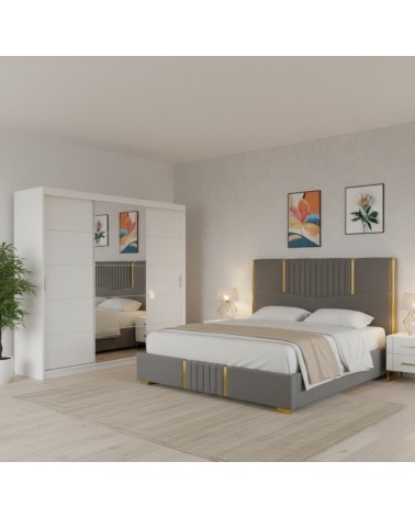 Set Dormitor Benny, pat tapitat Gri 160x200cm, dulap Alb 250cm lungime si saltea 160x200cm inclusa