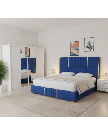 Set Dormitor Benny, pat tapitat Albastru 160x200cm, dulap Alb 200cm lungime si saltea 160x200cm inclusa