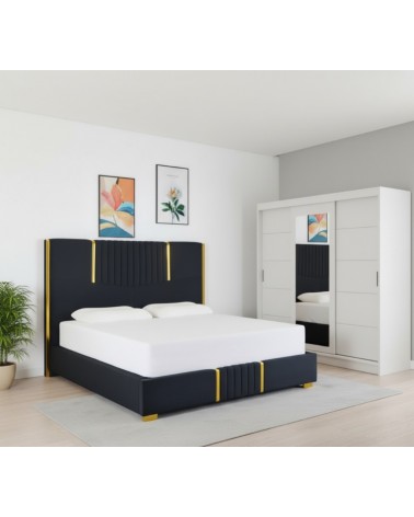 Set Dormitor Benny, pat tapitat Negru 160x200cm, dulap Alb 250cm lungime si saltea 160x200cm inclusa