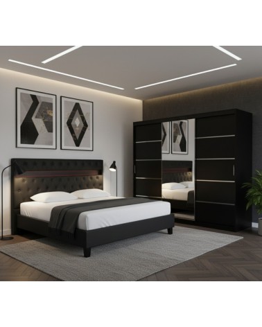 Set Dormitor Porto, pat tapitat Negru cu Led 160x200cm, dulap Negru 250cm lungime si saltea 160x200cm inclusa