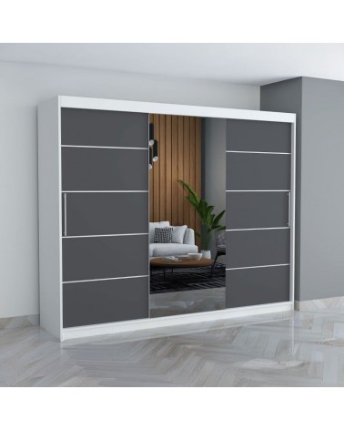 Dressing David Alb/Gri Cu Oglinda, Înălțime 208 cm , Latime 250 cm , Adâncime , 60 cm