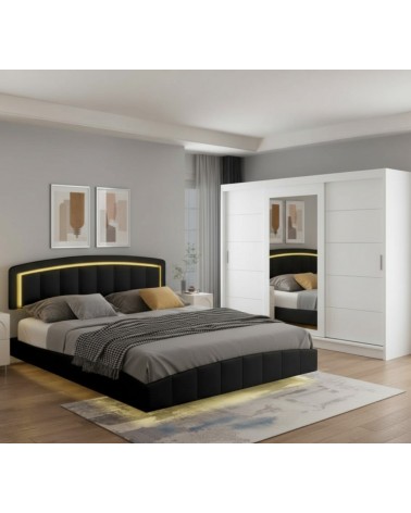 Set Dormitor Andorra, pat tapitat Negru cu Led 160x200cm, dulap Alb 250cm lungime si saltea 160x200cm inclusa