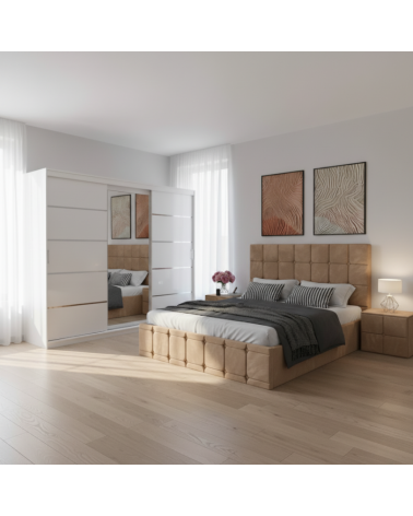 Set Dormitor David Alb cu Pat Any03 Crem + Saltea 160x200cm