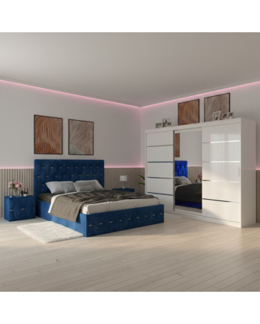 Set Dormitor David Alb cu Pat Eric Albastru  + Saltea 160x200cm