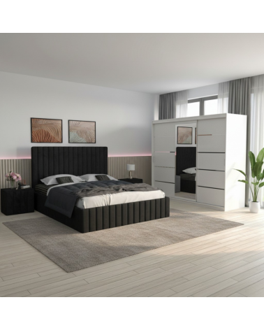 Set Dormitor David Alb cu Pat Luca Negru + Saltea 160x200cm