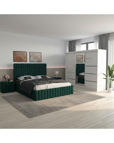 Set Dormitor David Alb cu Pat Luca Verde  + Saltea 160x200cm