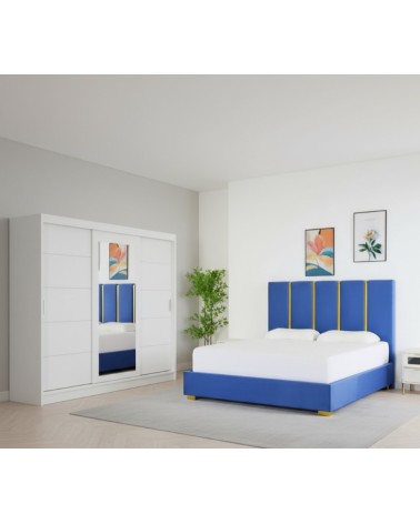Set Dormitor Patrick, pat tapitat Albastru 160x200cm, dulap Alb 250cm lungime si saltea 160x200cm inclusa