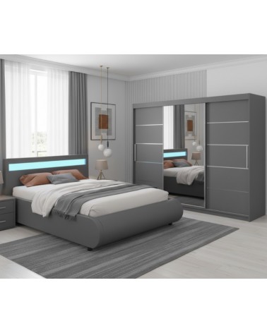 Set Dormitor Berlin, pat tapitat Gri cu Led 160x200cm, dulap Gri 250cm lungime si saltea 160x200cm inclusa