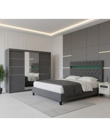 Set Dormitor Porto, pat tapitat Gri cu Led 160x200cm, dulap Gri 250cm lungime si saltea 160x200cm inclusa