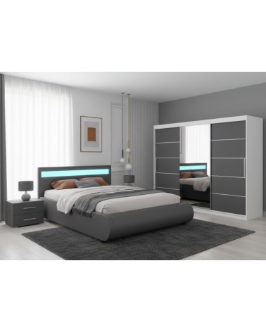 Set Dormitor Berlin, pat tapitat Gri cu Led 160x200cm, dulap Alb/Gri 250cm lungime si saltea 160x200cm inclusa