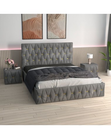 Set Pat Eric Complet Tapitat 180x200cm Cu Saltea 20cm Grosime Si 2 Noptiere Tapitate
