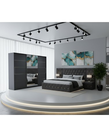 Set Mobila De Dormitor Eric Gri Cu Extensii, pat tapitat 160x200cm, dulap gri 250cm, 2 noptiere tapitate si saltea 160x200cm