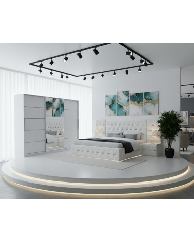 Set Mobila De Dormitor Eric Alb Cu Extensii, pat tapitat 160x200cm, dulap Alb 250cm, 2 noptiere tapitate si saltea 160x200cm