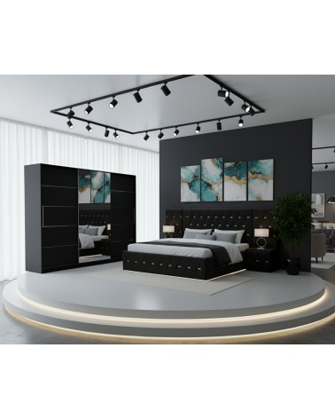 Set Mobila De Dormitor Eric Negru Cu Extensii, pat tapitat 160x200cm, dulap Negru 250cm, 2 noptiere tapitate si saltea 160x200cm